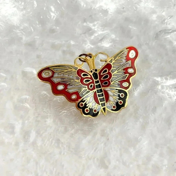 Gold & Red Toned Cloissone Butterfly Figural Vintage Brooch | Pendant Combo - Picture 2 of 10